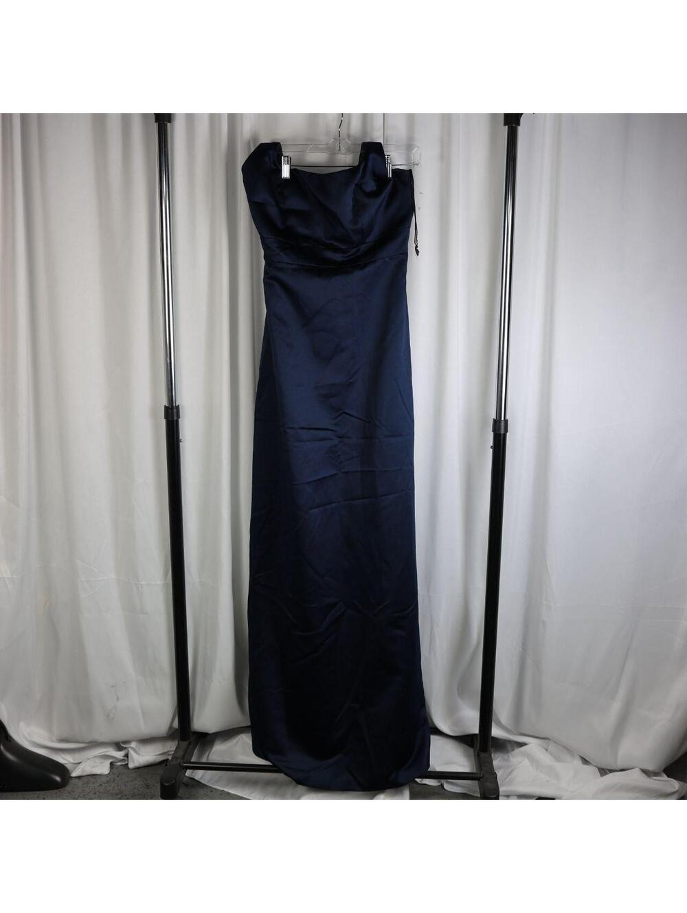 After Six strapless navy satin maxi gown.